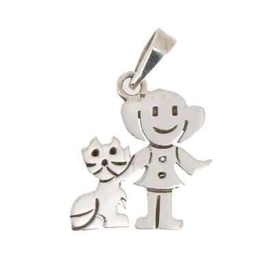 Silver pendant Little girl and her cat