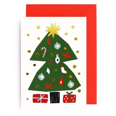 CHRISTMAS TREE w Gold Foil Snow + Presents greeting card