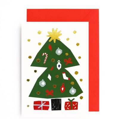 CHRISTMAS TREE w GOLD FOIL SNOW + PRESENTS set of 8 cards
