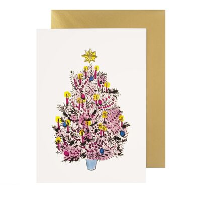 KITSCH PINK CHRISTMAS TREE set of 8 cards w gold foil + envs