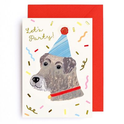 Let's Party! Party Hat Dog with Gold foil confetti card