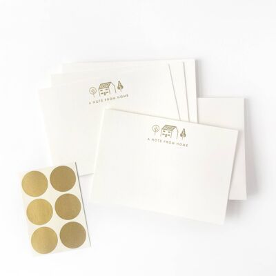 Set of 6 x gold foil A NOTE FROM HOME notecards + seals