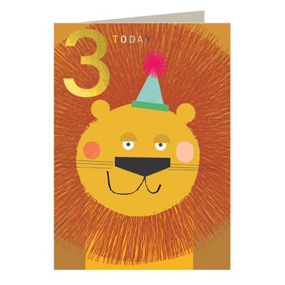 JES03 Tarjeta de tercer cumpleaños con león laminado en oro