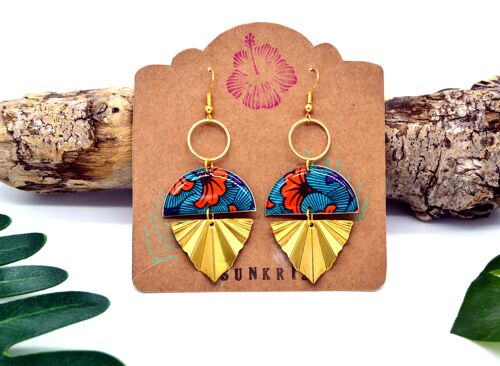 boucles d'oreilles demi cercle papier wax résiné orange bleu et métal feuille triangle doré