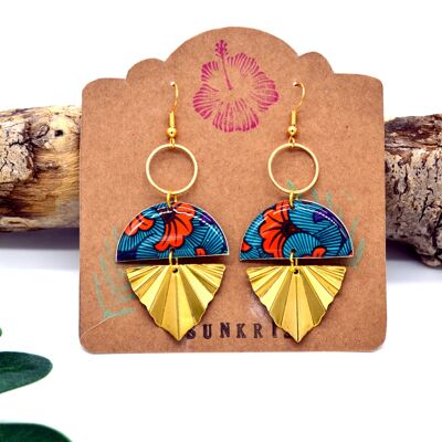 semi-circle earrings resin wax paper orange blue and gold triangle leaf metal