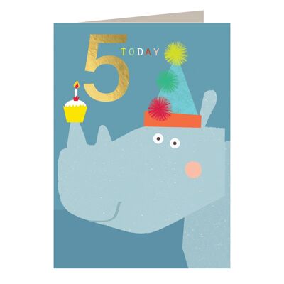 JES05 Biglietto per il quinto compleanno con rinoceronte laminato oro