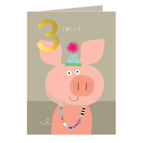 JES08 Gold Foiled Piglet 3rd Birthday Card
