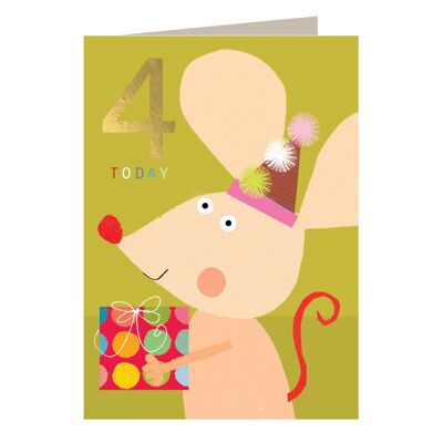 JES09 Geburtstagskarte zum 4. Geburtstag mit Maus-Motiv, Goldfolie