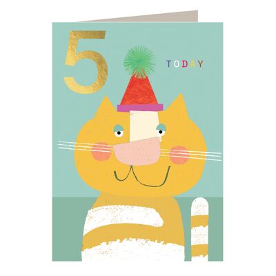 JES10 Tarjeta de quinto cumpleaños con diseño de gato laminado en oro