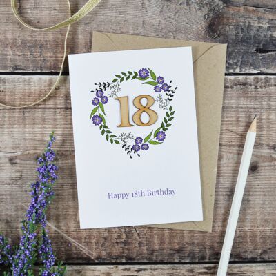 Carte illustrée en bois floral 18e anniversaire