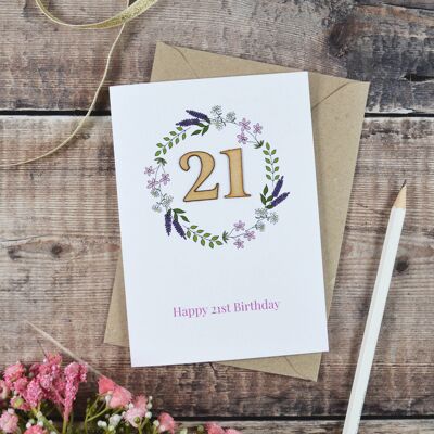 Carte illustrée en bois floral 21e anniversaire