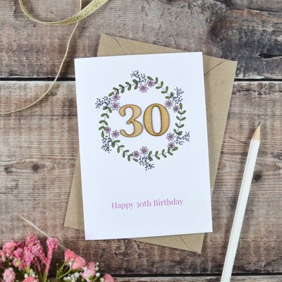 Floral 30th Birthday Wooden Illustrated Card