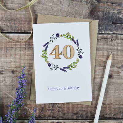 Carta illustrata in legno per il 40° compleanno floreale