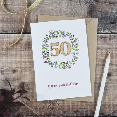 Floral illustrierte Holzkarte zum 50. Geburtstag
