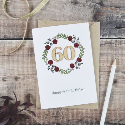 Carta illustrata in legno per il 60° compleanno floreale