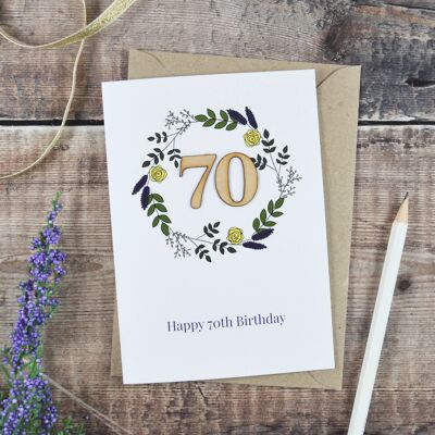 Carta illustrata in legno per il 70° compleanno floreale