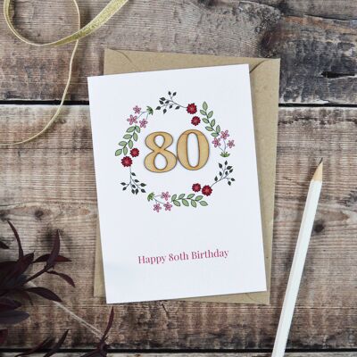 Carte illustrée en bois floral 80e anniversaire