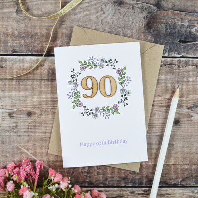 Carte illustrée en bois floral 90e anniversaire