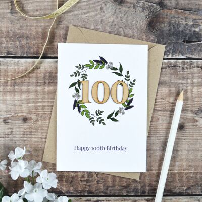 Carta illustrata in legno per il 100° compleanno floreale