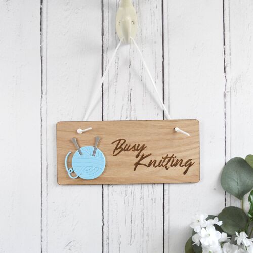 Busy Knitting Wooden Sign