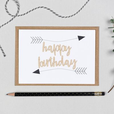 Tarjeta de palabras de madera con flechas de feliz cumpleaños