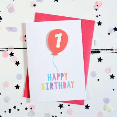 1st Birthday Acrylic Raspberry Balloon Card