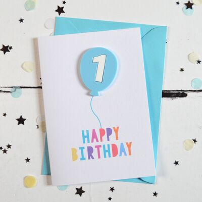 1st Birthday Acrylic Blue Balloon Card