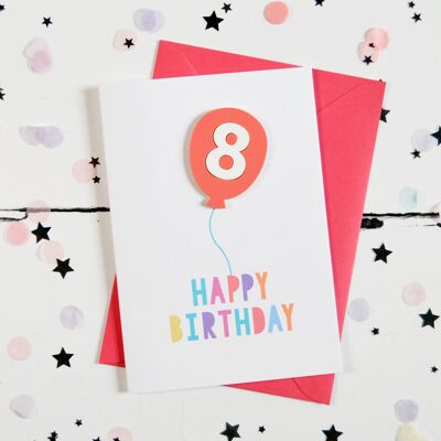 8th Birthday Acrylic Raspberry Balloon Card