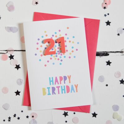 Tarjeta de confeti acrílico de frambuesa de 21 cumpleaños