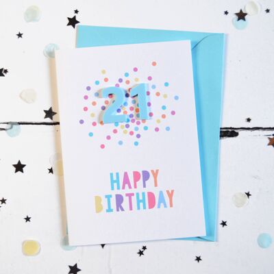 Carte de confettis en acrylique bleu 21e anniversaire