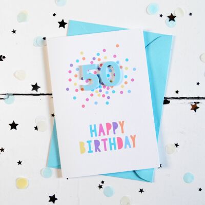 Carta di coriandoli in acrilico blu per il 50° compleanno