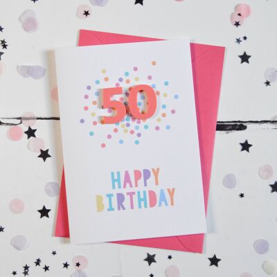50. Geburtstag Himbeer-Acryl-Konfetti-Karte