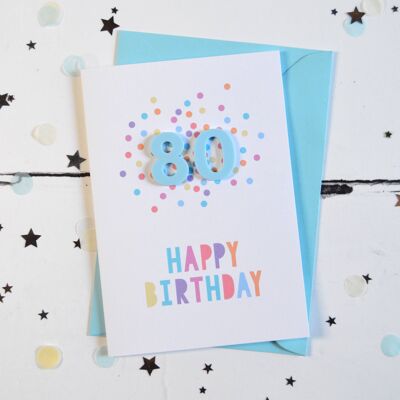Tarjeta de confeti acrílico azul de 80 cumpleaños