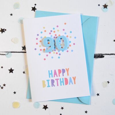 Tarjeta de confeti acrílico azul de 90 cumpleaños