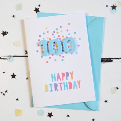 Tarjeta de confeti acrílico azul de cumpleaños número 100