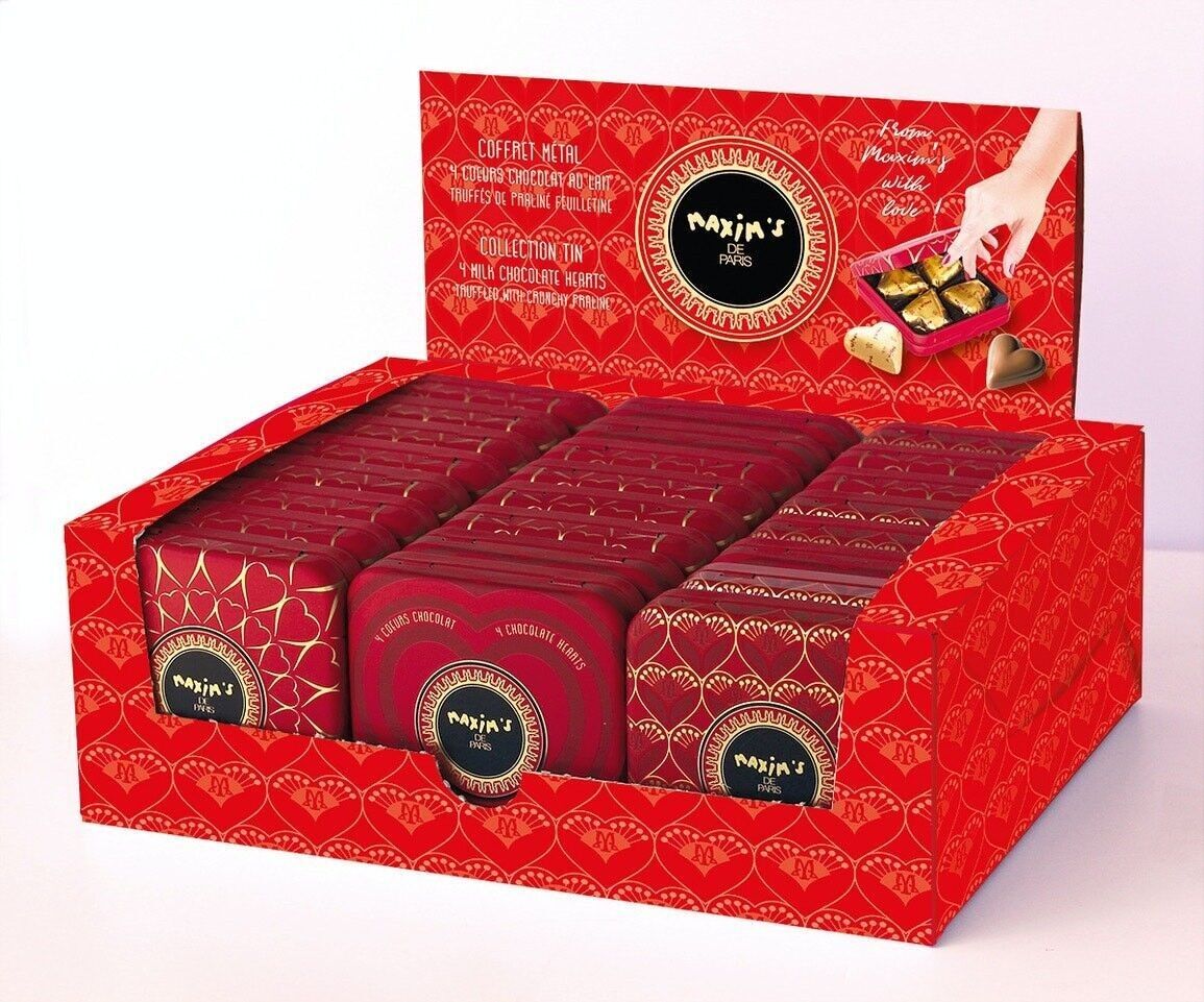 Präsentieren Sie 24 Metallschachteln mit 4 Schokoladenherzen