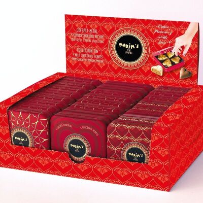 Display 24 metal boxes of 4 chocolate hearts