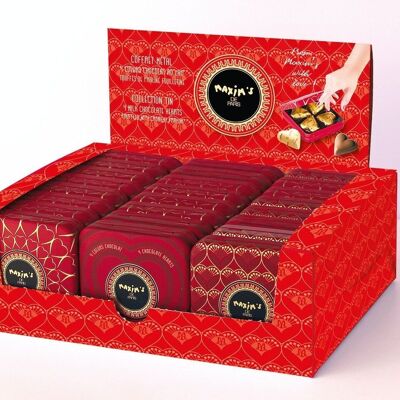 Expositor 24 cajas metálicas de 4 corazones de chocolate
