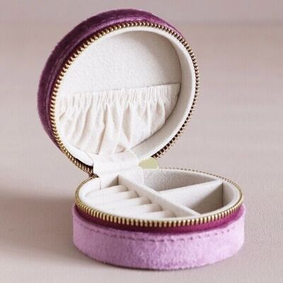 Mauve Pink Velvet Round Travel Jewellery Case