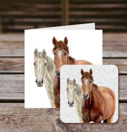 Coaster greetings card, Ash & Star, Pair of Horses, Farmyard, 100% Recycled greetings card with quality gloss drinks coaster.