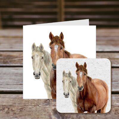 Coaster greetings card, Ash & Star, Pair of Horses, Farmyard, 100% Recycled greetings card with quality gloss drinks coaster.
