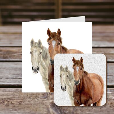 Coaster greetings card, Ash & Star, Pair of Horses, Farmyard, 100% Recycled greetings card with quality gloss drinks coaster.