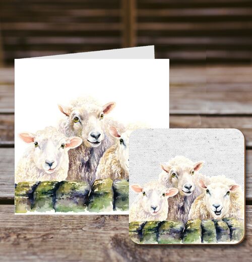 Coaster greetings card, 3 Sheep, Farmyard, 100% Recycled greetings card with quality gloss drinks coaster.