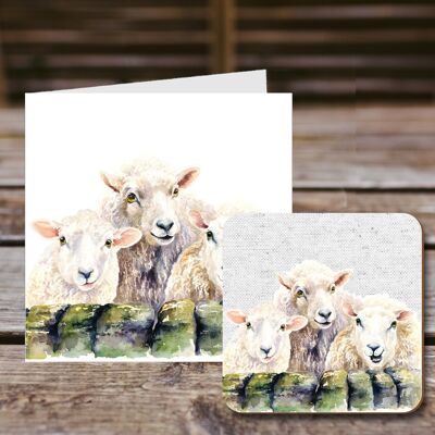 Untersetzer-Grußkarte, 3 Schafe, Bauernhof, 100 % recycelte Grußkarte mit hochwertigem, glänzendem Getränkeuntersetzer.