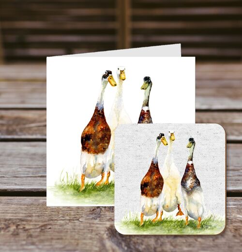 Coaster greetings card, Dilly Roly & Henry, Running Ducks, 100% Recycled greetings card with quality gloss drinks coaster.