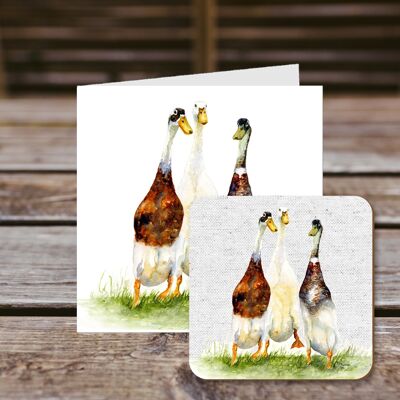 Tarjeta de felicitación de posavasos, Dilly Roly & Henry, Running Ducks, tarjeta de felicitación 100% reciclada con posavasos de calidad brillante para bebidas.