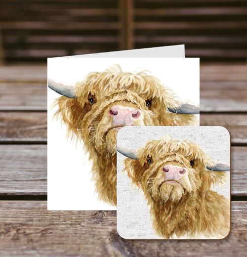 Coaster greetings card, Donald, Highland Cow, 100% Recycled greetings card with quality gloss drinks coaster.