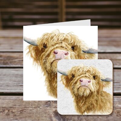 Coaster greetings card, Donald, Highland Cow, 100% Recycled greetings card with quality gloss drinks coaster.