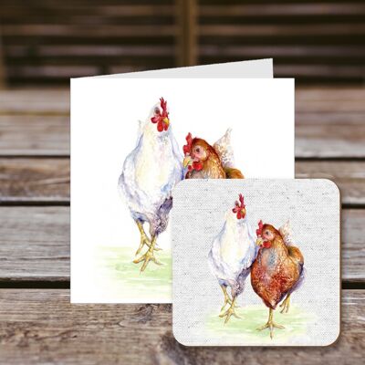 Coaster greetings card, Ethel & Mable, Chickens, Hens, 100% Recycled greetings card with quality gloss drinks coaster.