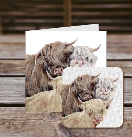 Coaster greetings card, Highland Trio, Highland Cows, 100% Recycled greetings card with quality gloss drinks coaster.